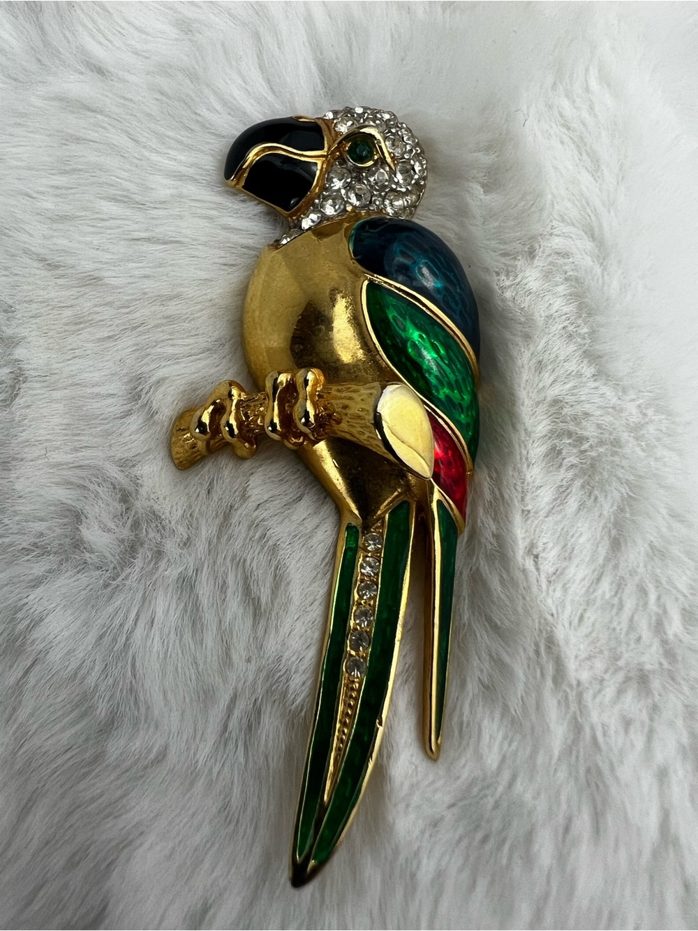Vintage 80s Enamel Rhinestone Parrot Bird Brooch Pin